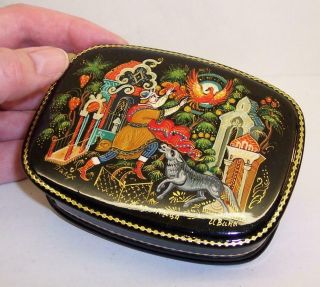 Vintage Signed Russian Lacquered Trinket Box Black/red/gold Fable Mythical