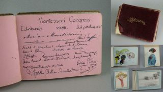 Antique Sketch Book Autograph Album Signed Mario & Maria Montessori,  Others Etc