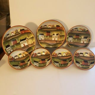 Vintage Hand - Painted Wooden Bowl Set Of 7 With Country Scene