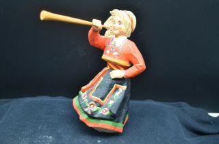 Vtg Henning Carved By Hand In Norway Blonde Lass Blowing Horn In Native Dress