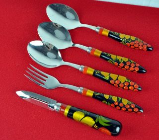 A Set Of 5 Authentic Kitchen Items Vintage Russian Lacquer Khokhloma C.  1980.