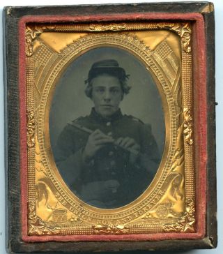 Two (2) 1/9th Plate Tintypes Of Young Civil War Ohio Soldier Holding A Fife