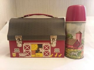 1958 Open Door Red Barn Dome Lunchbox & Farm Thermos