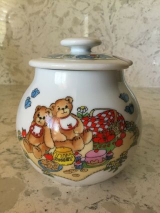 Lucy & Me Bears Spring Picnic Honey Pot W/ Dipper Lucy Rigg Enesco Rare Find