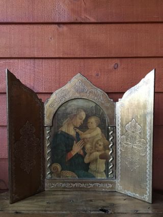 Gold Gilt Gesso Italian Florentine Wood Tri Fold Triptych Madonna Religious Icon