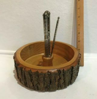 Vintage Wood Nut Bowl With Cracker & 1 Pick Tools Dish