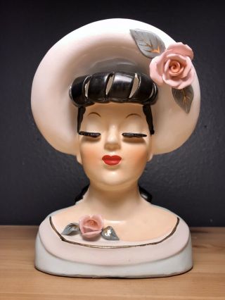 Vintage Lady Head Vase Planter Blue Hat And Dress W/ Flowers Eyelashes Japan