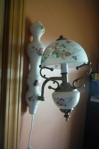 Vintage Porcelain And Brass Wall Lamp,  With Floral Designs And Glass Dome,  Vgc