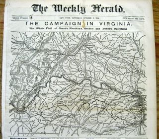 1864 Civil War Newspaper W Huge Map Of Richmond & Shenendoah Campaigns Virginia