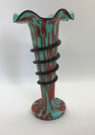Vintage Signed " Czechoslovakia " Art Glass Trumpet Vase Turquoise Red & Black 8 "