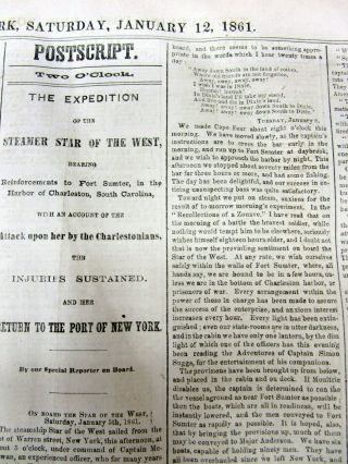 1861 newspaper wth 1st shots fired in the CIVIL WAR Star of the West supply ship 2