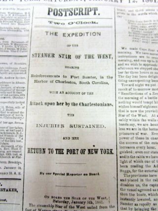 1861 newspaper wth 1st shots fired in the CIVIL WAR Star of the West supply ship 3