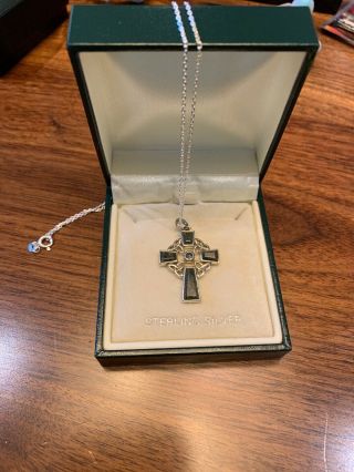 Vintage Celtic Irish Sterling Silver Connemara Marble Cross Necklace