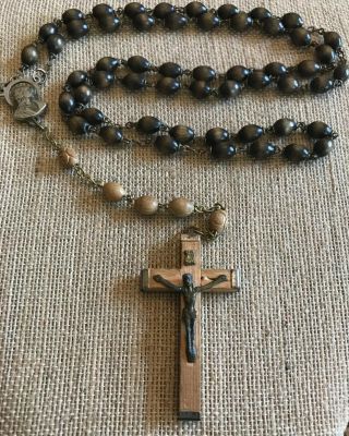 Vintage 2 Tone Wood Rosary Made In Italy