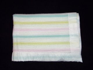 Vtg Beacon Baby Open Weave Crib Blanket Acrylic Nylon Trim Pastel Stripe 1675
