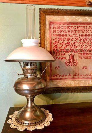 Antique Rayo Nickel Kerosine Oil Lamp With Milk Glass Shade,  Primitive Farmhouse