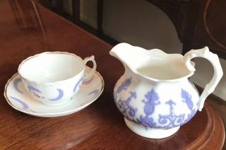 English Chelsea Tea Cups (2) And Saucers And Small Pitcher
