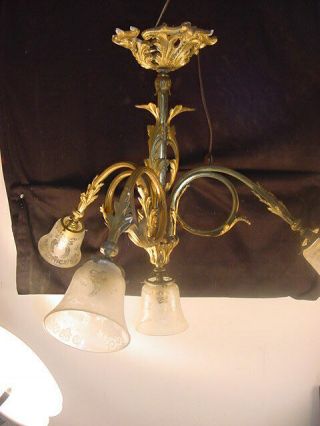 C1900 4 Arm French Style Gilt Bronze Chandelier Fancy W/acid Etched Shades