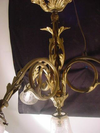 C1900 4 ARM FRENCH STYLE GILT BRONZE CHANDELIER FANCY w/ACID ETCHED SHADES 2