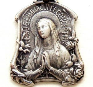 Exquisite Art Nouveau Antique Silver Medal Pendant To Holy Mary Immaculate