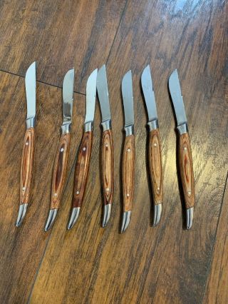 Vintage Japan Stainless Steel Mid Century Wood Handle Steak Knives - Set Of 7