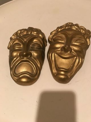 Vintage Chalkware Theatre Comedy/tragedy Masks Wall Placque Mid - Century Gold