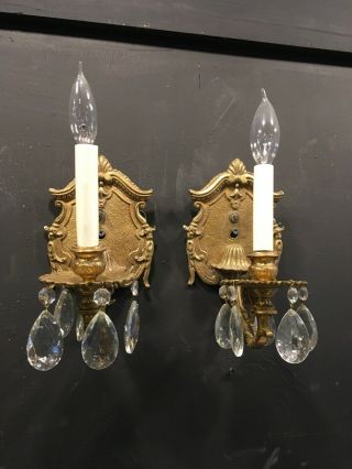 Pair Vintage Brass 5 Crystal Wired Wall Sconce Light Fixture