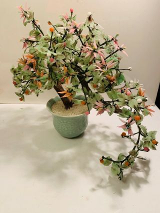 Vtg.  Chinese Art Glass Jade Bonsai Gem Tree Asian Floral - A