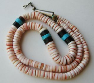 Vtg Santo Domingo Pueblo Indian Shell Heishi Turquoise Sterling Silver Necklace