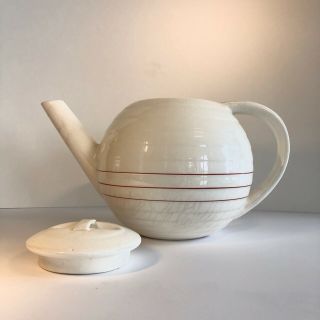 1930s Vintage Art Deco Jr White Porcelain Spherical Tea Pot With Red Stripes