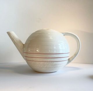 1930s Vintage Art Deco JR White Porcelain Spherical Tea Pot With Red Stripes 3