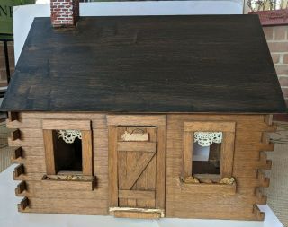 Vintage Log Cabin Real Wood Doll House Primitive Some Furniture Window Boxes