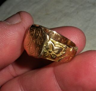 Antique C.  1860 Civil War Era 18k Gold Signet Ring W/ Raised Flower Design Vafo