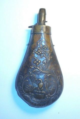 Antique Copper Civil War Era Black Powder Flask W/eagle,  Marked " Pluribus Unum "