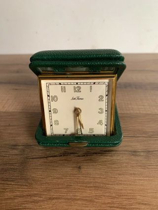 Vintage Seth Thomas Travel Alarm Clock,  Green Clam Shell Case Gold Trim