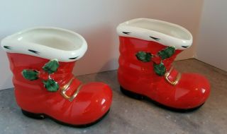 Vintage Pair Lefton Christmas Santa Boot Planters Or Holiday Trim 4 " Tall