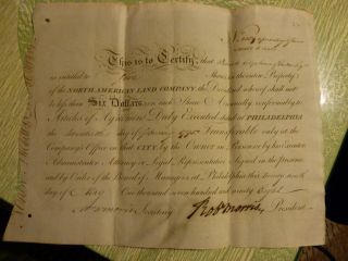 1798 Robert Morris,  Signed Stock Certificate North American Land Company