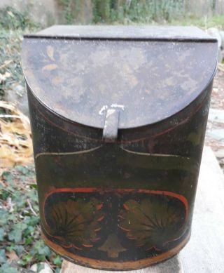 Antique Tole Tin Tea Spice Bin Sugar Box Canister Hinge Slant Lid 7.  5 "