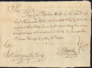 Oliver Ellsworth Document Signed 1777 Third Supreme Court Justice