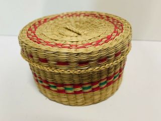Vintage Native American Indian Woven Round Basket With Lid