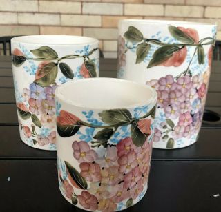 Vtg Set (3) Graduated Ceramic Hand Painted Floral Flower Canister Planters Italy