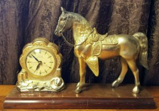 Vintage United Self Starting Shelf Mantle Clock - Western Horse - Gold Tone