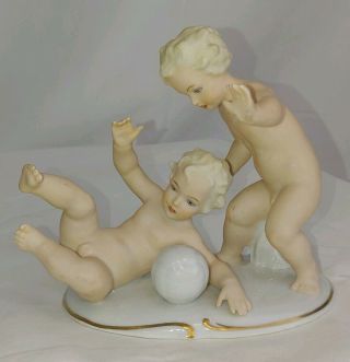 Vintage Schaubach Kunst Porcelain Nude Boys Playing With Ball Germany