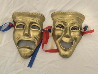 Vintage Brass Comedy Tragedy Masks Set For Your Wall 