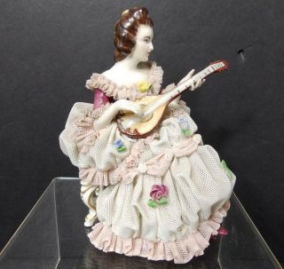 Muller Volkstedt Dresden Germany Lady With Mandolin Delicate Lace Figurine