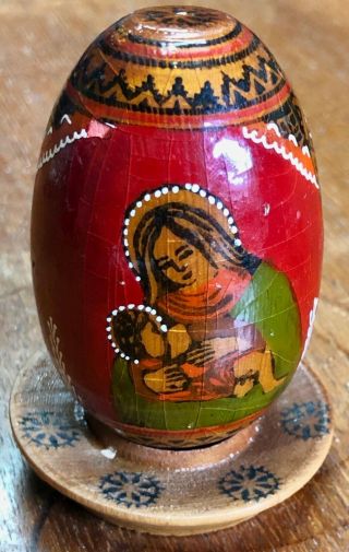 Orthodox Icon Hand Painted Lacquered Wood Egg With Stand (jesus,  Mary,  Cross)