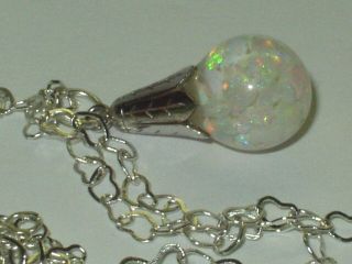 Large Vintage Floating Opal Sterling Silver Necklace Pendant Fire Snow Globe