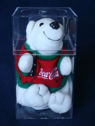 Coca Cola Bean Bag Plush Polar Bear In Red/green Sweater,  In Plastic Case - 1997