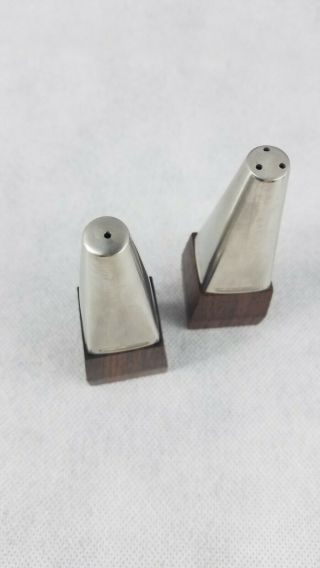 Vintage Mid Century Modern Wood and metal square base Salt And Pepper Shakers 2