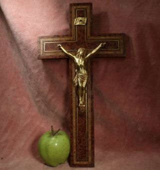 Antique C1890 Gold Gilt Christ Cross Crucifix Burl Thuya Wood Inlaid